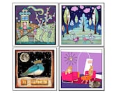 20% Off, SET OF 8 Note Cards, Birds,Cats, Cars,Houses, Mid Century,Retro, Atomic, Animals, kids decor,Trees,Magenta, Purple,Teal,