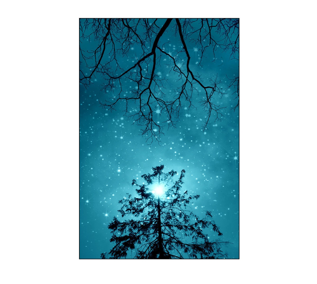 nature photography, landscape, Stars, teal, trees, cottage, children decor, cabin, peaceful, serene, turquoise, blue, moody,happy,11x14