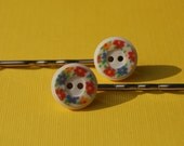 Vintage Button Bobby Pins, Floral Orange Yellow Green Blue (Item 816)