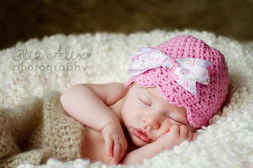 Crochet Bow Beanie Hat, Pink with Floral Print, 3 to 6 Month Size (Item 536)