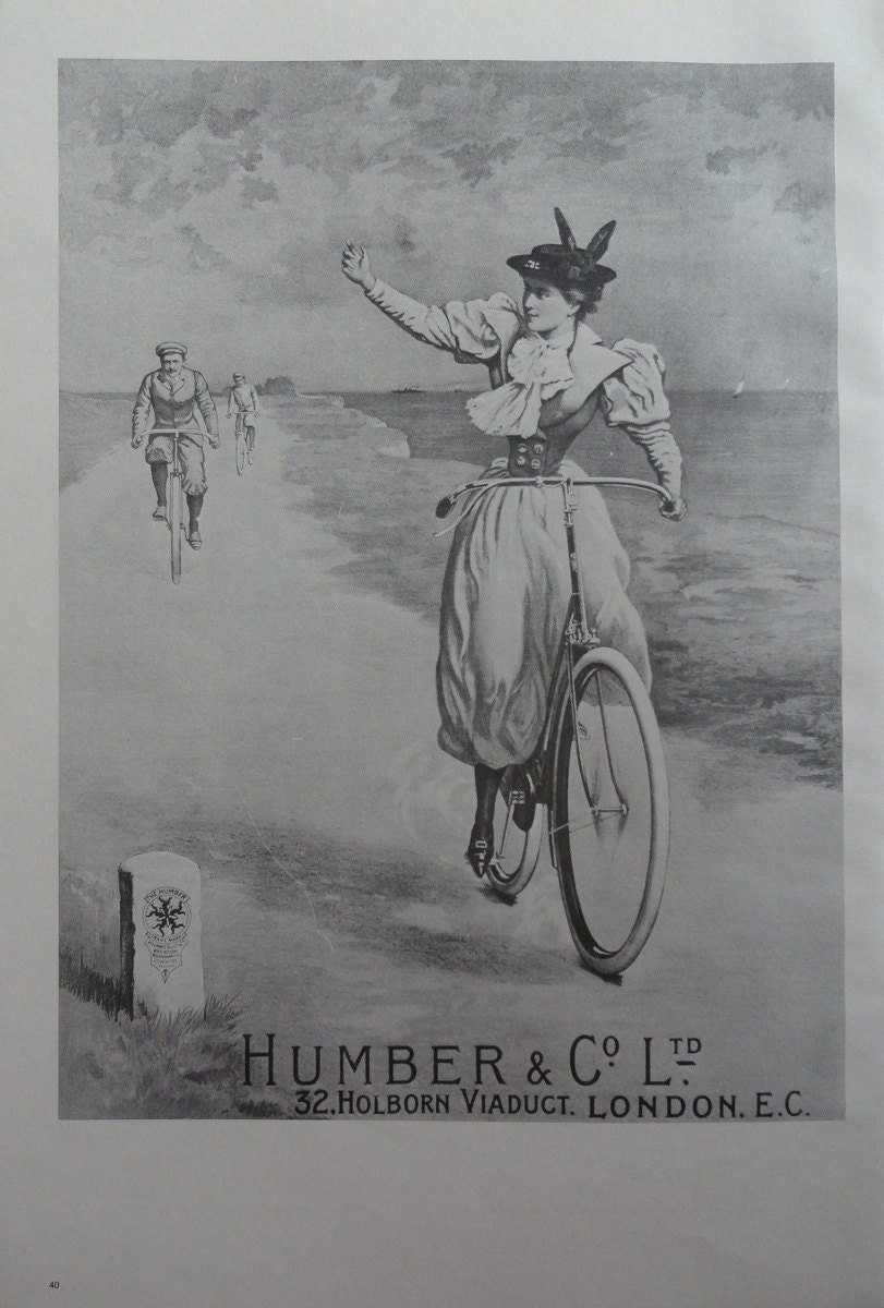 Vintage Bike Poster, Man Made Of Bike Tires Woman Attacks Him, Humber And Co. London Riding Down The Beach, Bicycle Print, Jack Rennert, USA