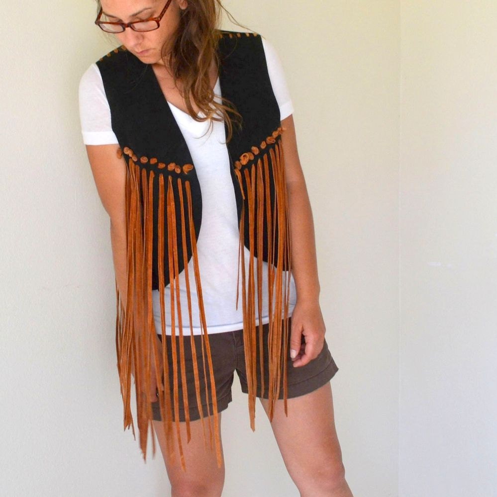 Black Tan Suede Leather Fringe Vest 1970s Festival Attire