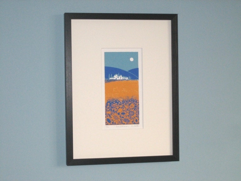 Landscape Tuscany Sunflower Field Lino Print - Italian Villa,Blue Hills, Poplars, Linocut Signed Limited Edition of 10