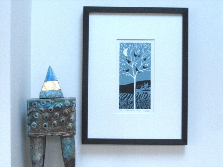 Lino Block Print -Robins Egg Blue,  Night Tree, Crescent Moon and Black Birds,  Farm Fields, Limited Edition
