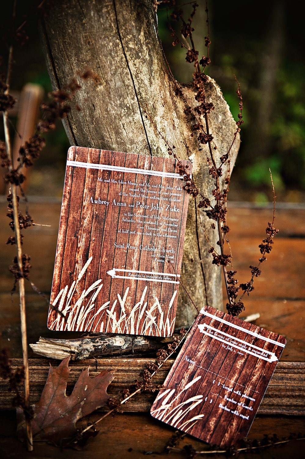 Rustic Wood Wedding Invitations. Wheat and Lace - DEPOSIT
