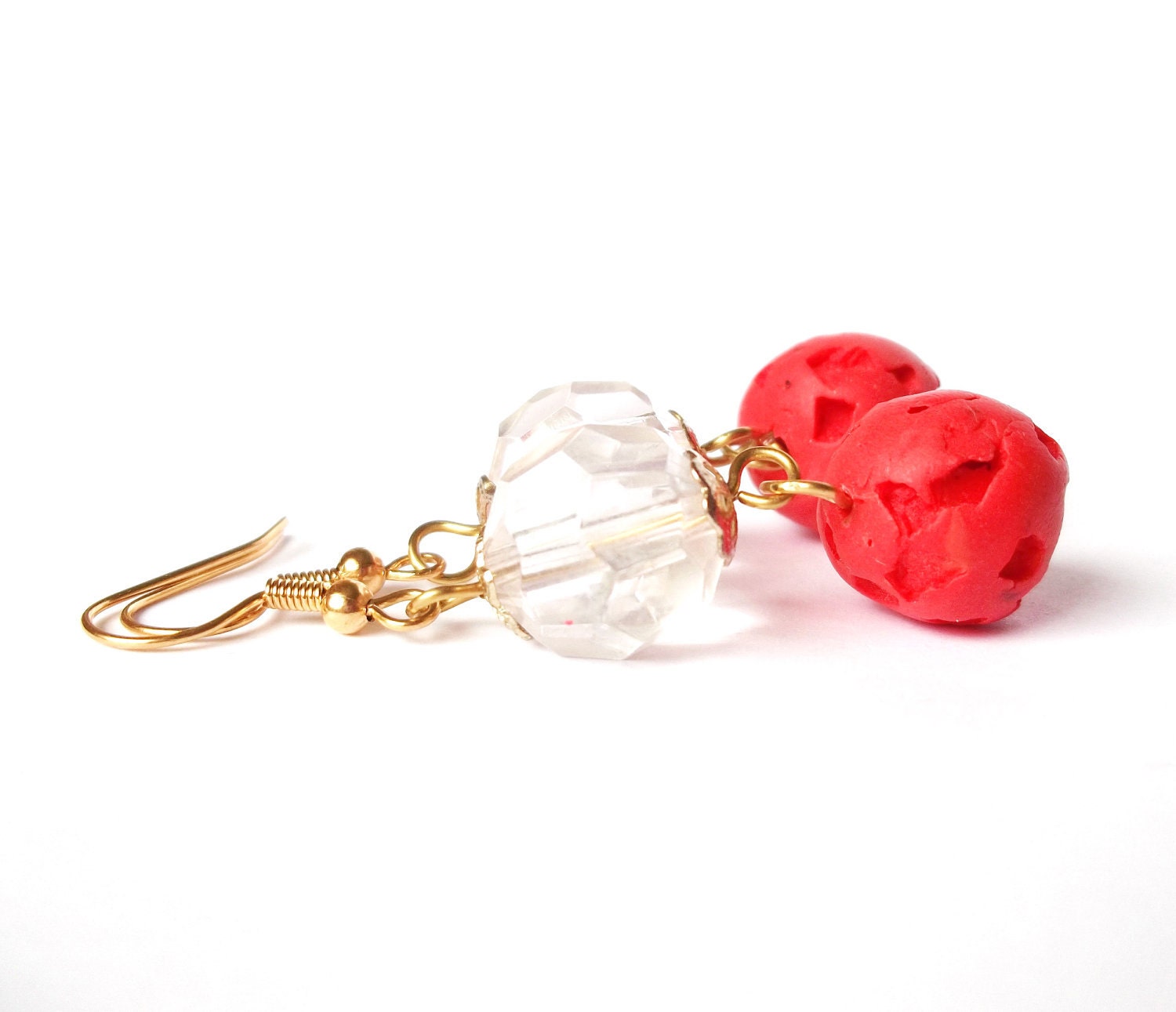 Gold Earrings with Red Imitation of Coral Beads Polymer Clay Beaded Jewelry Woman
