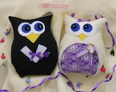 Customized Bride and Groom Wedding Owls - Perfect Wedding gift for couple - Made to match colour scheme. Purple and Ivory.