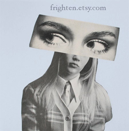 Handmade Collage, Does your Face say I love Life, Light Blue and Black One of a Kind Paper Collage, frighten