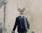 Deer Art Print, Mixed Media Collage Print, Deer Boy, 8x10 Altered Victorian Portrait, For Him, frighten