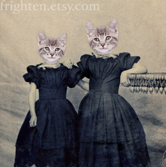 Cat Art, Mixed Media Collage Print, Kitten Girls, Alterered Civil War Portrait of Two Sisters, frighten