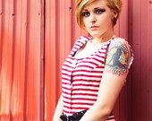 Vintage Late 80's/Early 90's sleeveless red and white horizontal striped  wiggle dress