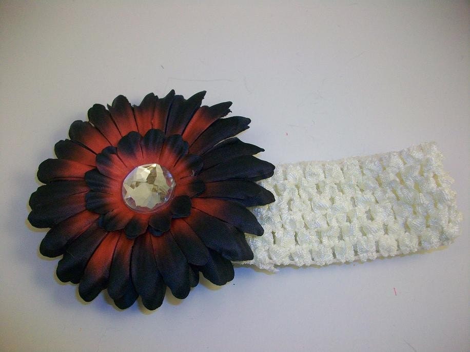 NCAA 2011 National Champions - Alabama Crimson & Black Gerber Daisy Bling Clip w/ Matching White Crocheted Headband