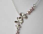 delicate  silver orchid flower and pink freshwater pearls - bridesmaid jewelry - pink wedding - bride necklace