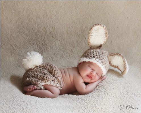 Baby Bunny Hat and Diaper Cover Crochet Set-Perfect for Newborn Photo Prop, Easter or Halloween costume