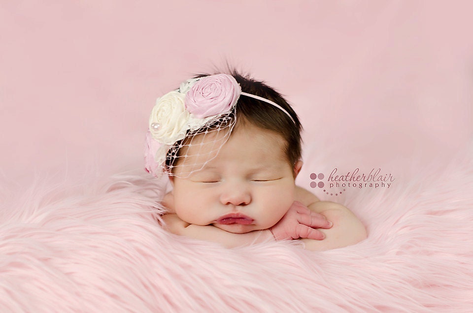 Vintage Shabby Chic - Rosette Headband- Baby Pink & Ivory w/ Veiling and Lace