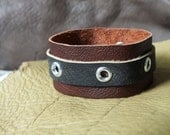 Leather Cuff Bracelet Dark Red and Textured Grey with Nickel Plated Eyelets