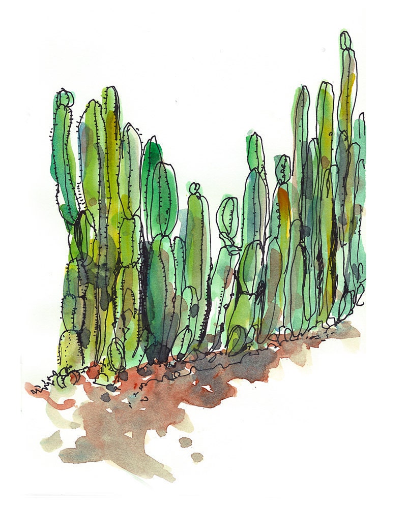 Emerald Green Succulent sketch Cactus fence  - 8x10 print from an original watercolor sketch