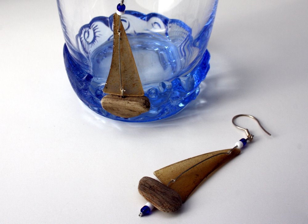 driftwood sailboat earrings with genuine parchment