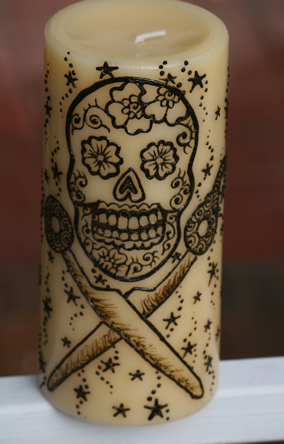 Henna Sugar Skull and Scissors Pillar Candle,Yellow, Light Vanilla Scent, great for hairdressers and crafters