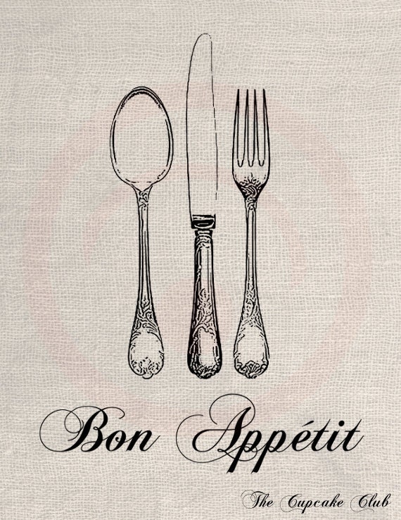 Clip Art Designs Transfer Digital File Vintage Download DIY Scrapbook Shabby Chic Kitchen French Bon Appetit Fork Knife Spoon No. 0375