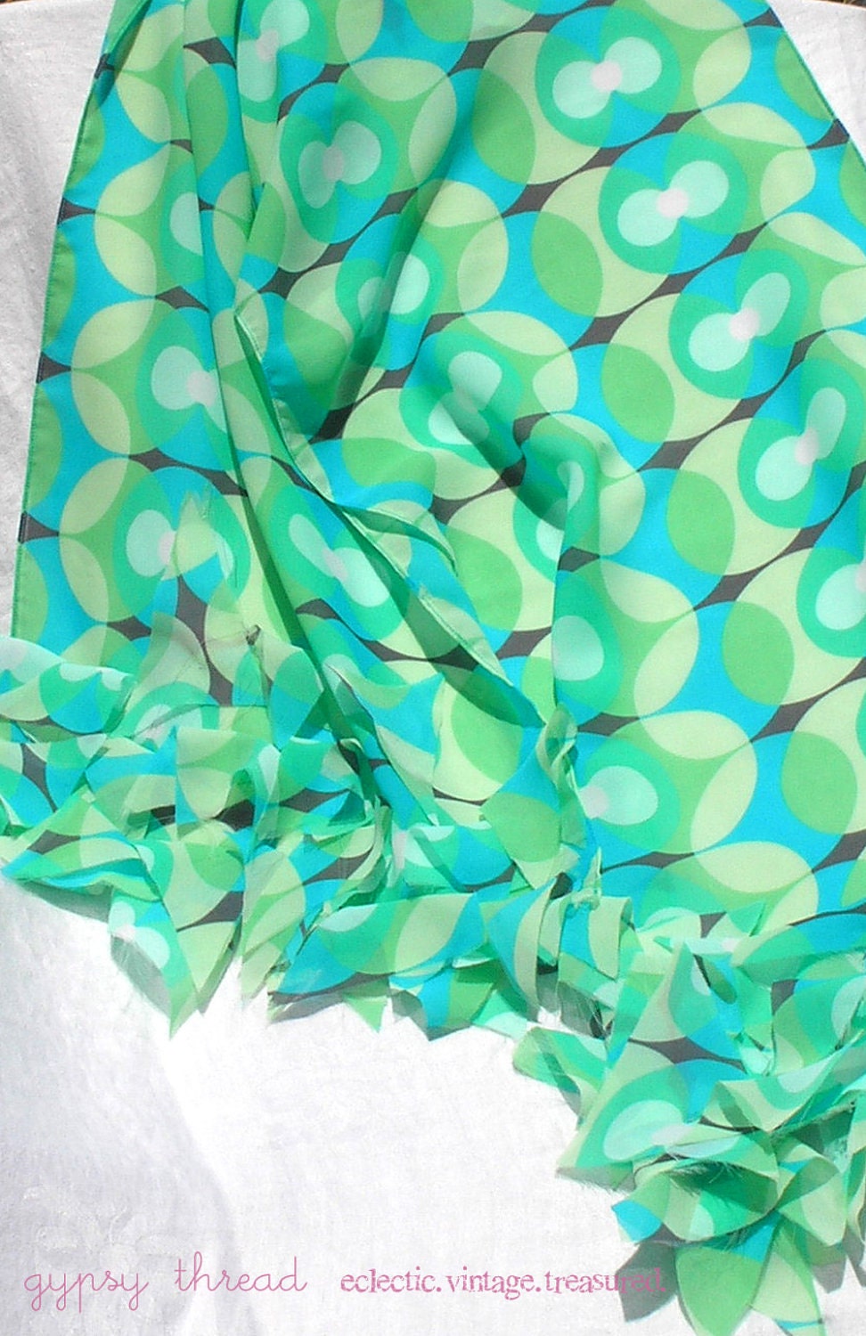 Green and Blue Geometric Chiffon Scarf with Abstract Ruffle