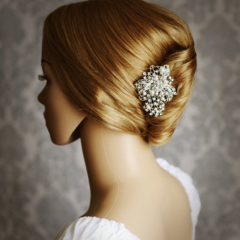 STEPHANIE, Pearl and Rhinestone Bridal Hair Comb, Crystal Bow Wedding Hair Comb, Vintage Style Bridal Wedding Hair Accessories, White, Ivory