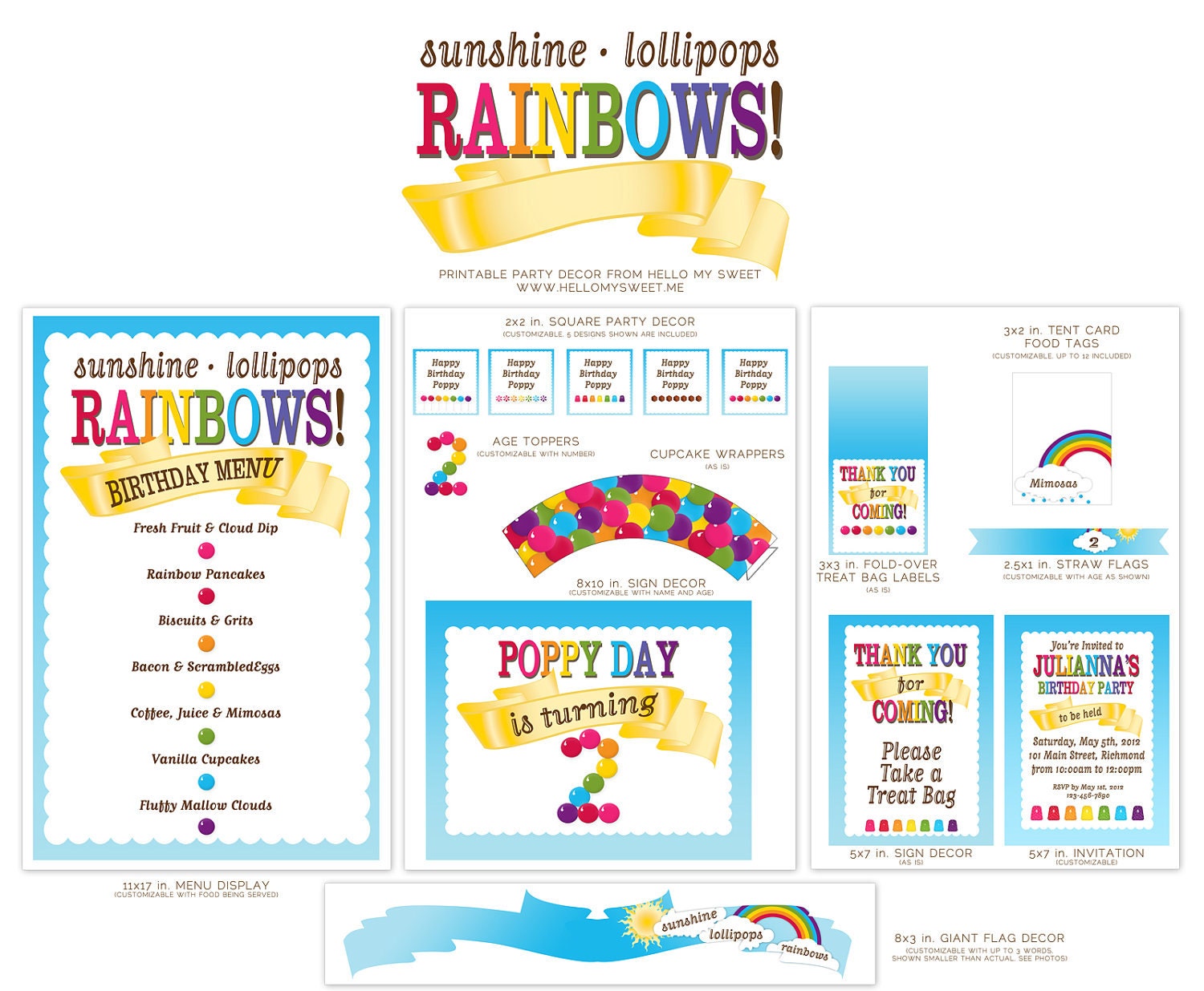 Rainbows & Candy Land - Printable Birthday Party Dessert Table Decor - Complete Party Set