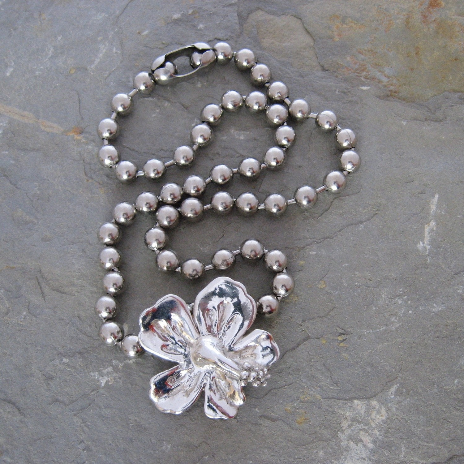 Silver Hibiscus Flower Necklace PMC Metal Clay Handmade Pendant Fashion Summer Fall Winter Spring Cruise Tropical Beach Wedding
