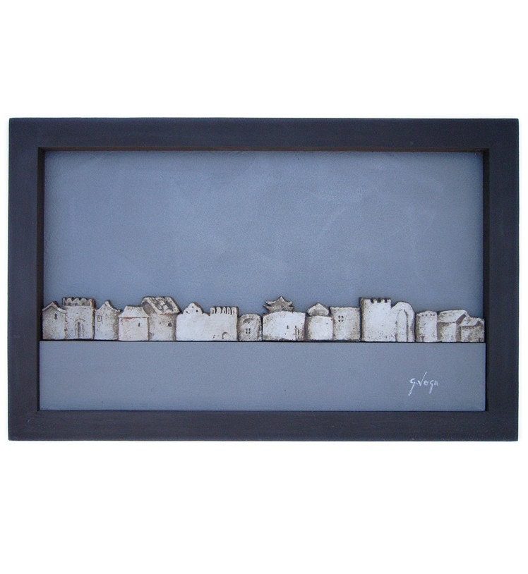 wall hanging- wall art - wall decor - home decor - framed piece - miniature houses - village - city
