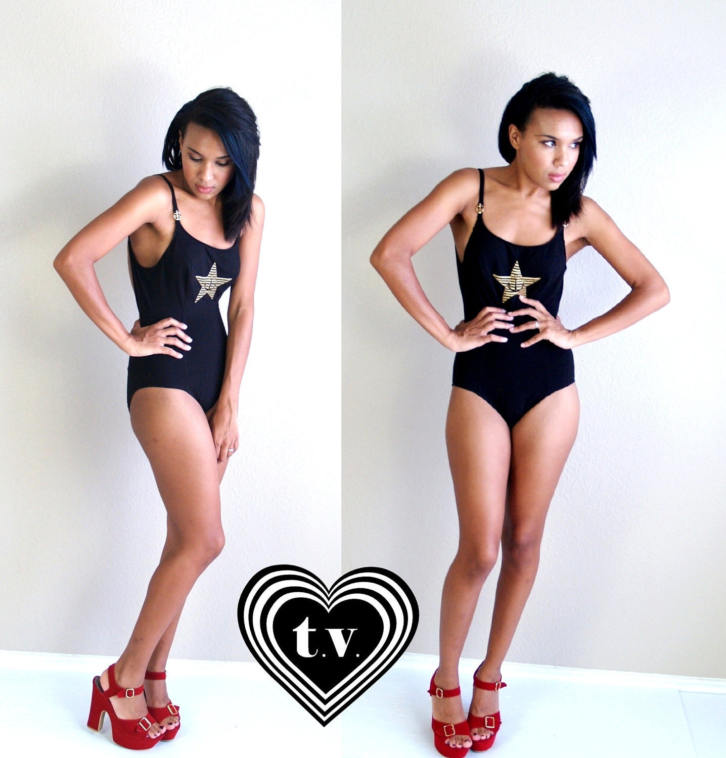 vtg 80s black nautical GOLD ANCHOR star SWIMSUIT Small swim bathing suit maillot sailor