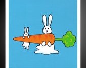 8 x 8 inch Print of White Rabbits with Giant Carrot Painting