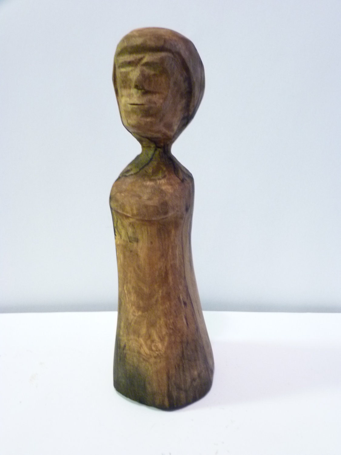 Wood Sculpture, Primitive Folk Art Wood Carving Simple Little Woman with Long Dress , Wormy Maple