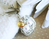 Personalized Mother's Day Gift - Sterling Silver, Two Egg, Bird Nest Necklace - Custom Birthstone & Pearl Nest of 2 - Grandma / Mom of Twins
