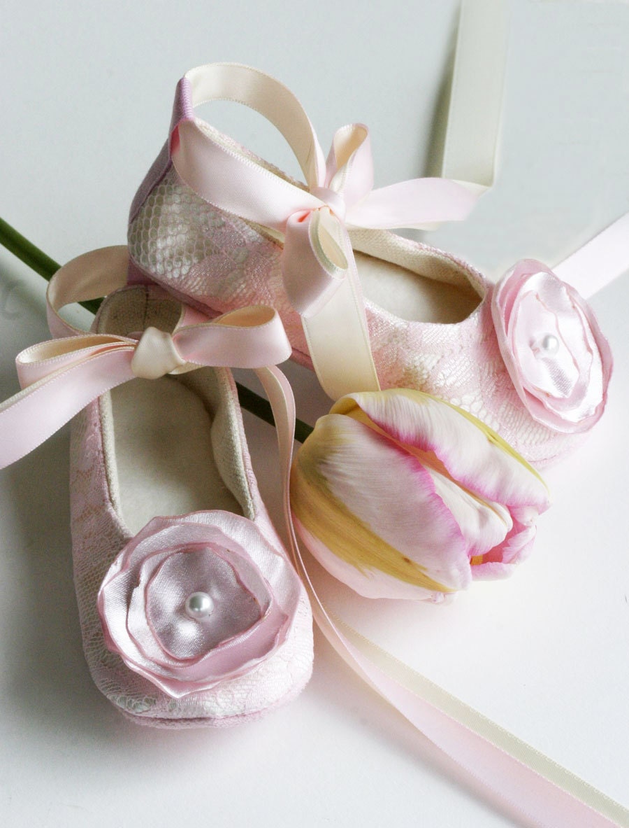 Flower Girl Shoes - Couture Ballet Slipper Toddler Shoe - Pink Lace on Off-white Satin with Flower - 14 colors - Baby sizes too - Baby Souls