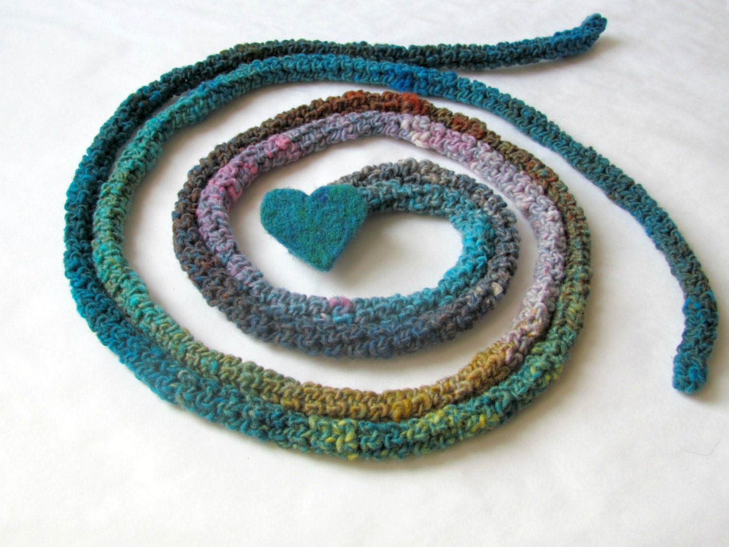 Fall Skinny scarf in turquoise - Crochet jewelry - extra long necklace - needle felt brooch - Tropical forest