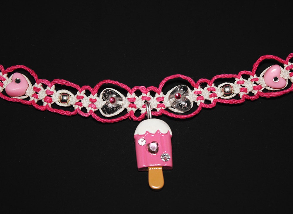 Ice Cream Hemp Choker: Hot Pink Hemp, White Hemp, Heart Pony Beads, Kawaii Pendant