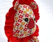 Lion stuffed toy with button joining and flowers, orange. Rady to ship.