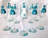 Bride and Bridesmaids gift champagne glasses, wedding flutes, Peacock teal or pick your own color 1 glass.