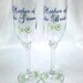 2 Personalized Mother of the Bride and Mother of the Groom gift champagne flutes, custom glassware