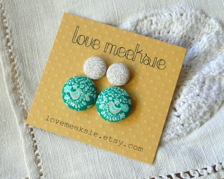 love birds -  fabric covered button earrings - set of 2