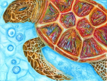 Stained Glass Sea Turtle  Giclee ART print 8 x 10 inches - sea life - Beach house - condo art