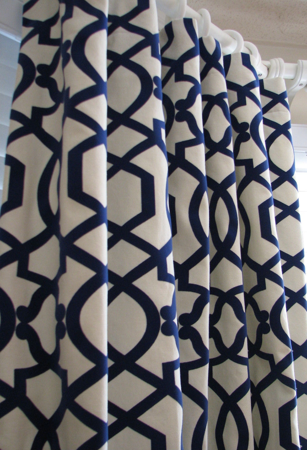 Pair of Decorative Designer Custom Curtains Drapes Navy Velvet Lattice on Cream 50 x 84 Contemporary Modern Style