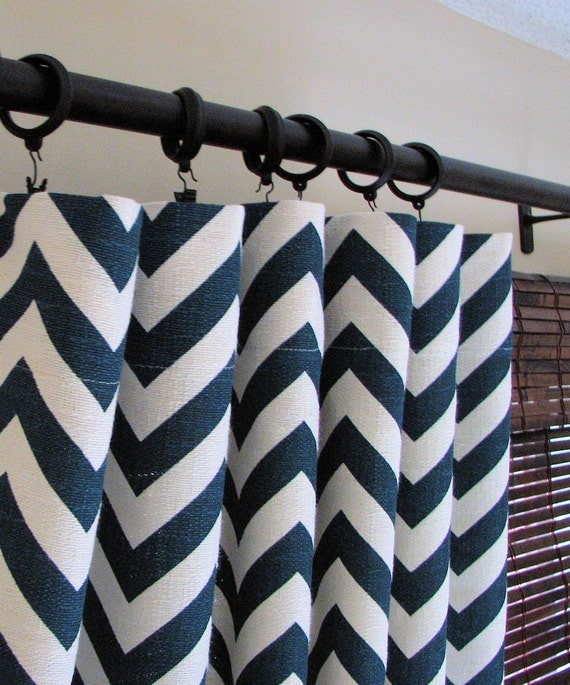 Pair of Decorative Designer Custom Curtains Drapes  50 x 108 Navy  Blue and Ivory Chevron Zig Zag  Contemporary Modern Style