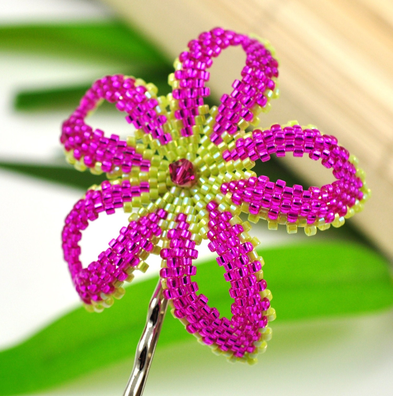 Frangipani hair flower - hot pink and lime green plumeria - Paradise Isle