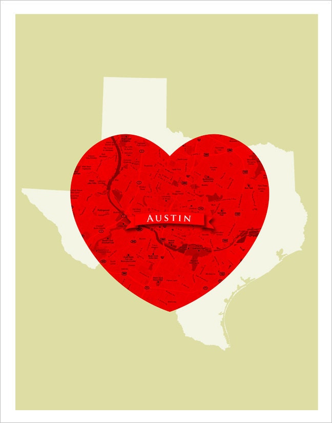 AUSTIN TEXAS - Map Heart  - 11x14 print -home decor wall hanging
