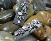 EARRINGS - Repurposed Black Leather Silver Metal  Pink Flower Dangle Drop Jewelry Earrings - Free Shipping