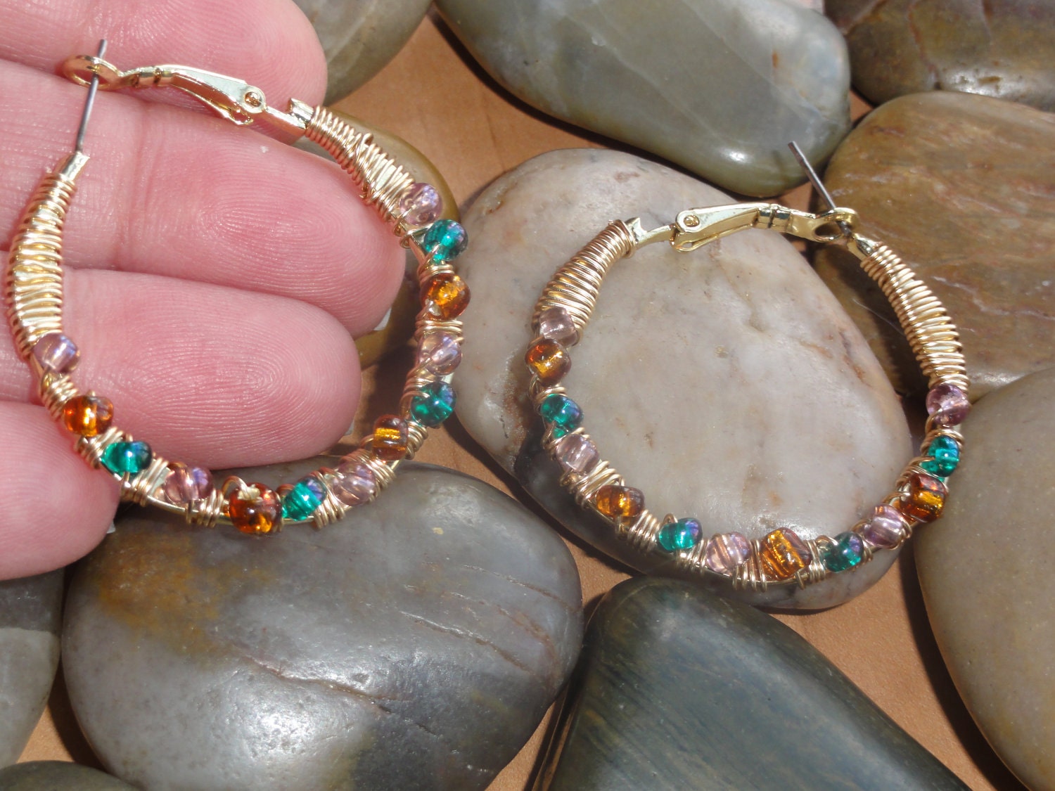 EARRINGS - Teal Amber Violet Bead Gold Hoop Wire Wrap Jewelry Earrings - Free Shipping