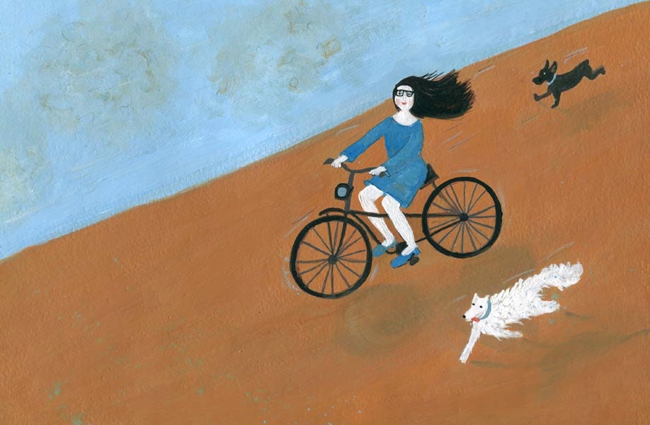 Happiness - illustration, limited edition print, gouache original, A4,  girl on a bike, dogs, dog lover gift,