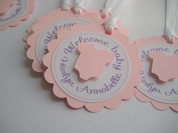 Baby Shower Favor Tags - Welcome Baby - Baby Girl - Pink - Lavender- White Il_570xn
