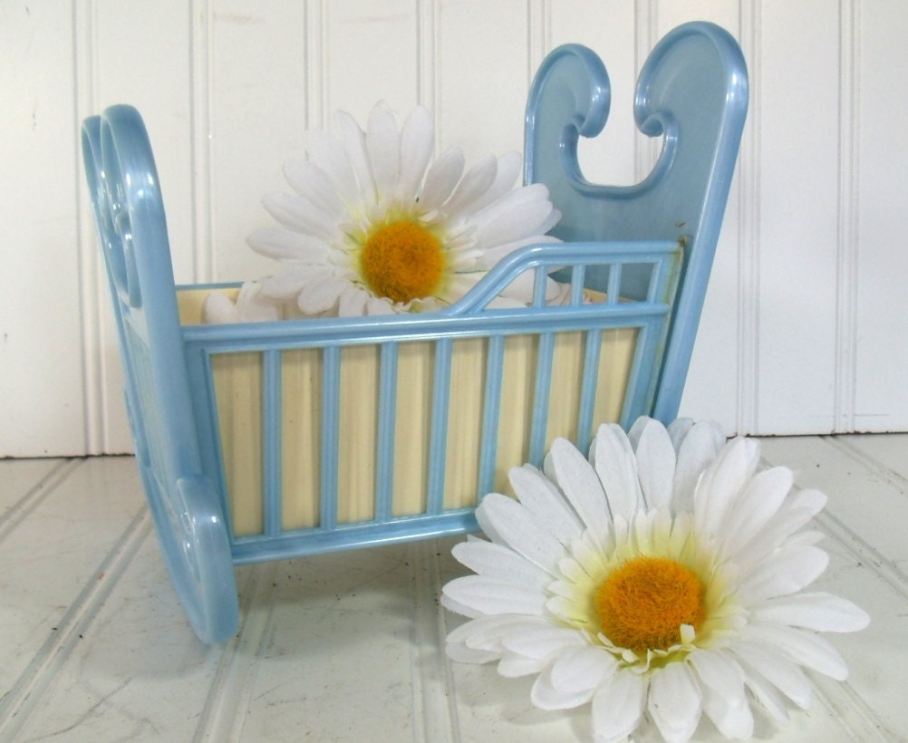 Retro Blue Cradle Planter - Vintage Celluloid 2 Pieces - Shabby Chic for Repurposing